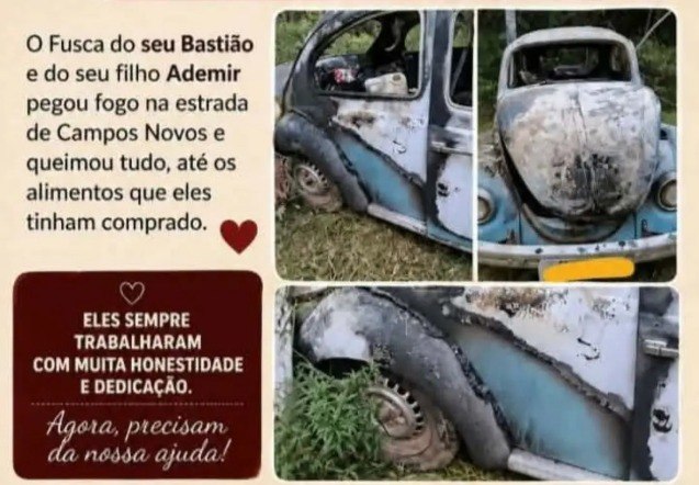 Incêndio destrói Fusca de trabalhadores em Cunha; campanha busca doações