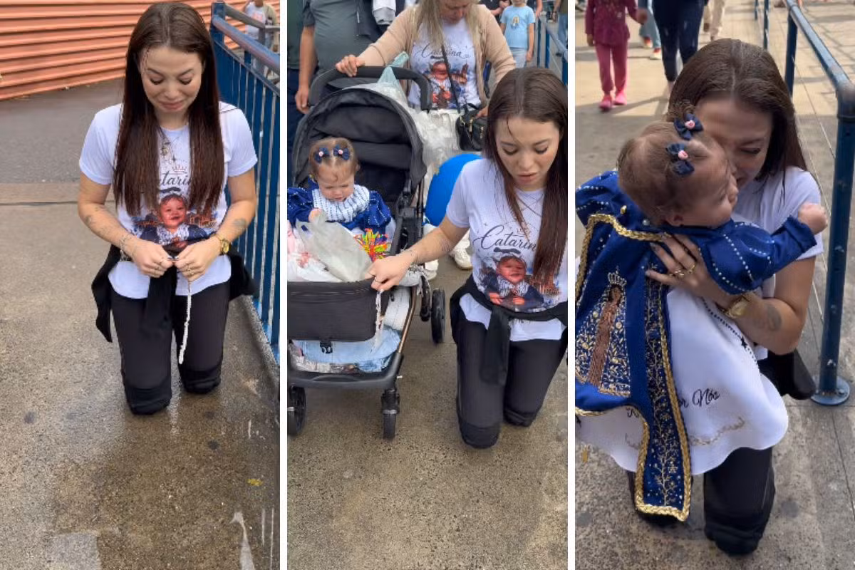 Mãe percorre 392 metros de joelhos no Santuário de Aparecida após filha prematura ficar na UTI e quase perder a visão: 'Chorei de alívio'