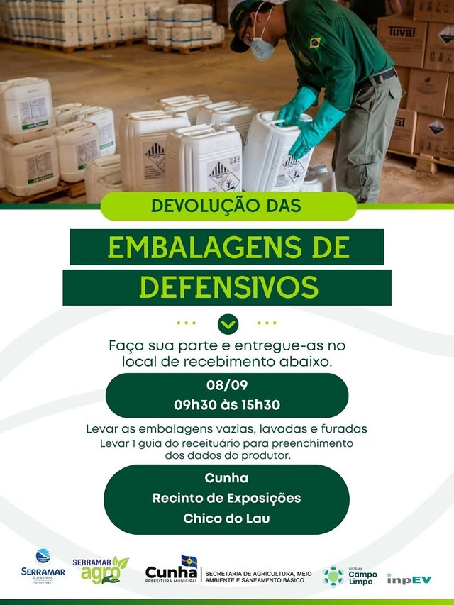 Cunha promove ação de devolução de embalagens de defensivos agrícolas no dia 8 de setembro